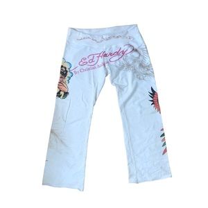 Ed Hardy White Track Pants with Colorful Graphics